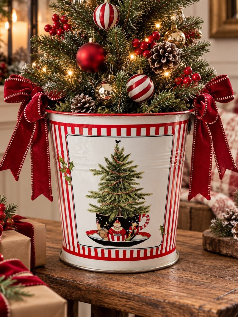 Vintage Christmas Metal Bucket Tree Santa Candy Cane Holiday Decor